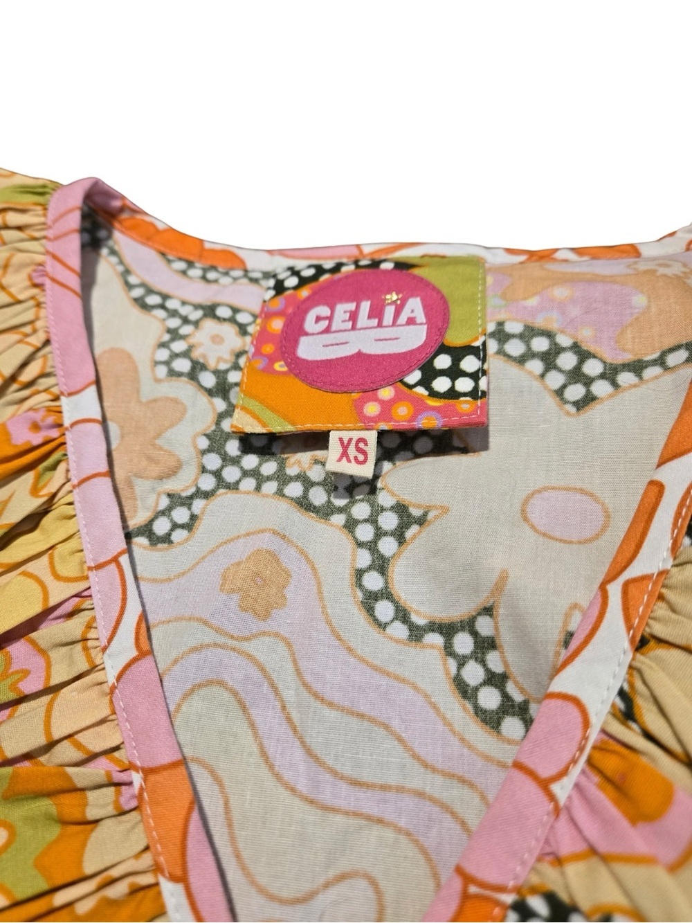 Celia B Printed Mini Dress XS Ruffle Sleeve Colorful Boho Resort - Picture 8 of 9